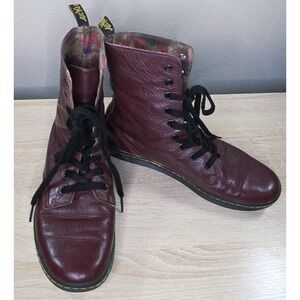 Dr. Martens Stratford 8 Eye Boots Burgundy Leather Floral Lined Women's 8